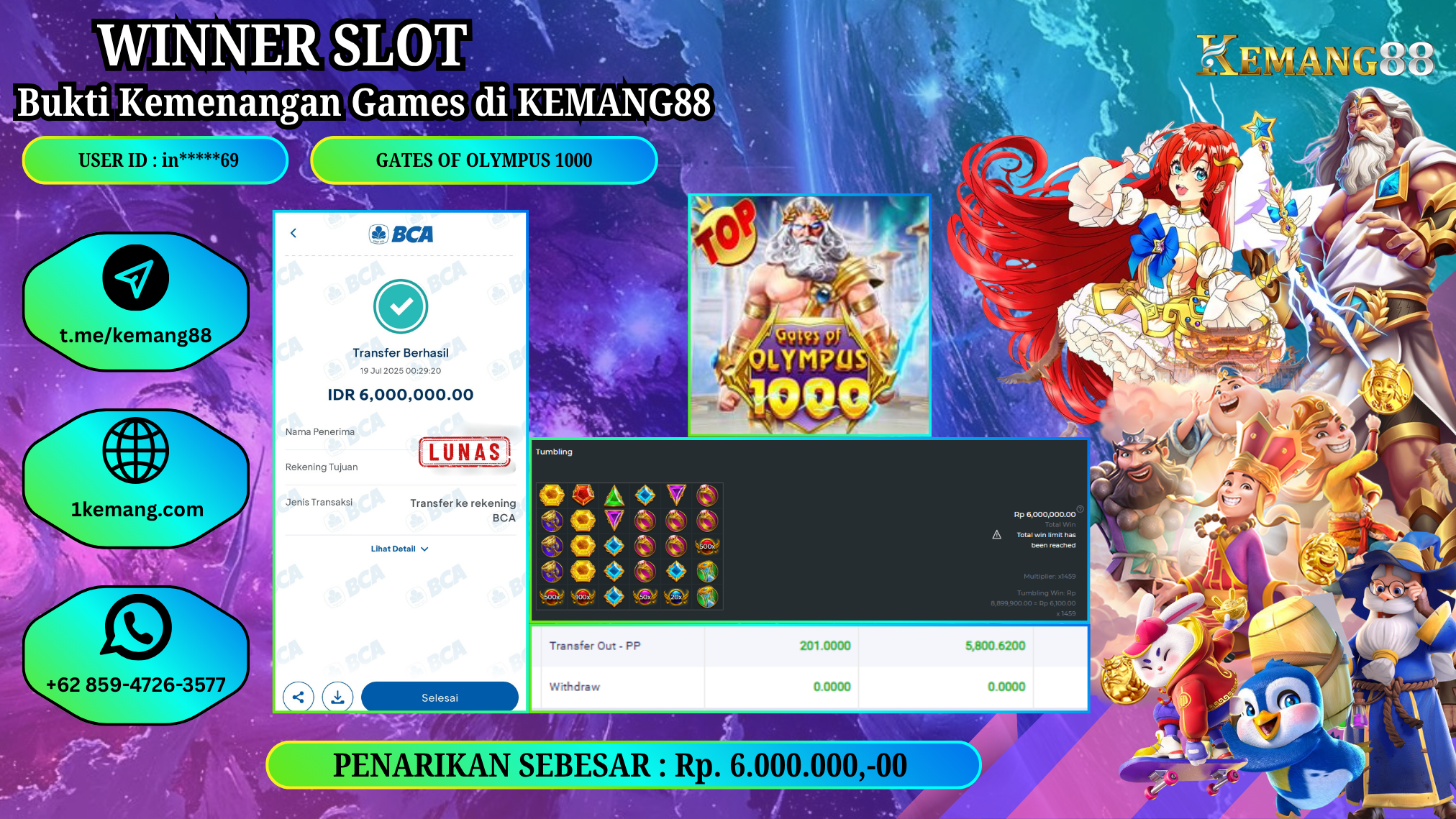 KEMANG88 [19 JULY 2025] : JACKPOT SLOT :  GATES OF OLYMPUS 1000 [PP]  Rp.6.000.000.,- LUNAS